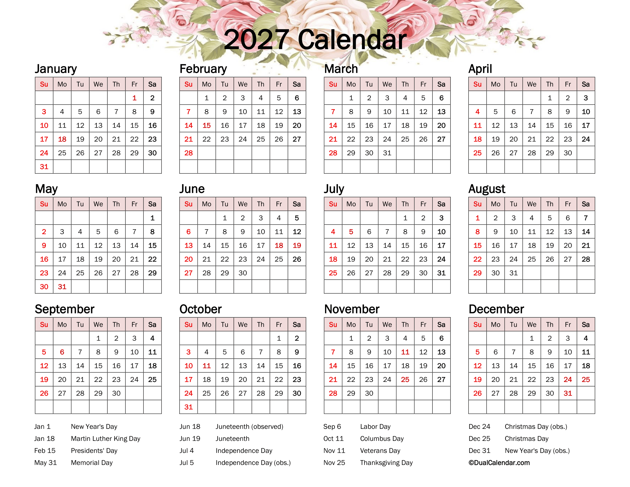 Floral Calendar 2027