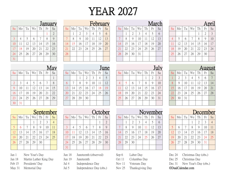 2027 Calendar Printable
