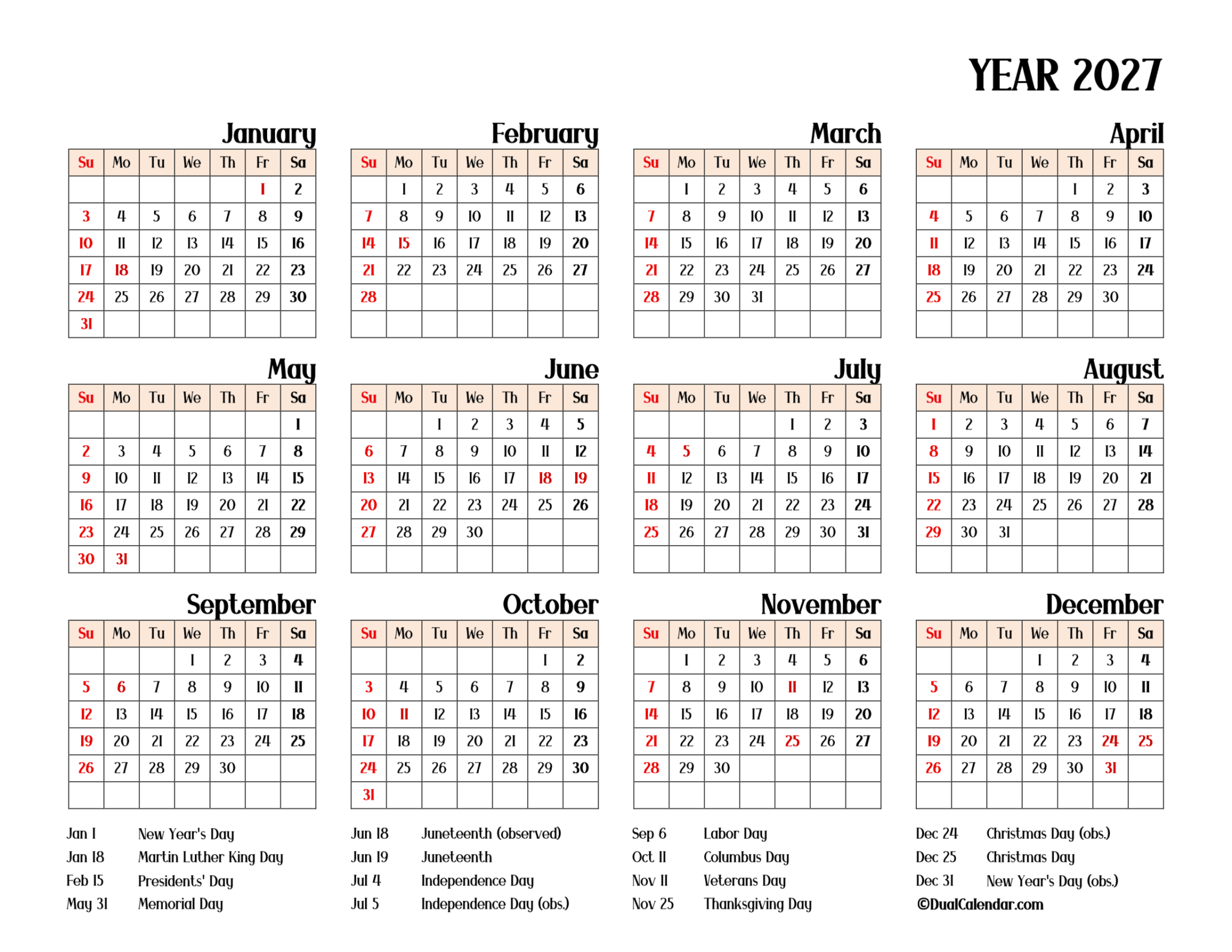 Year 2027 Calendar Printable with US Federal Holidays