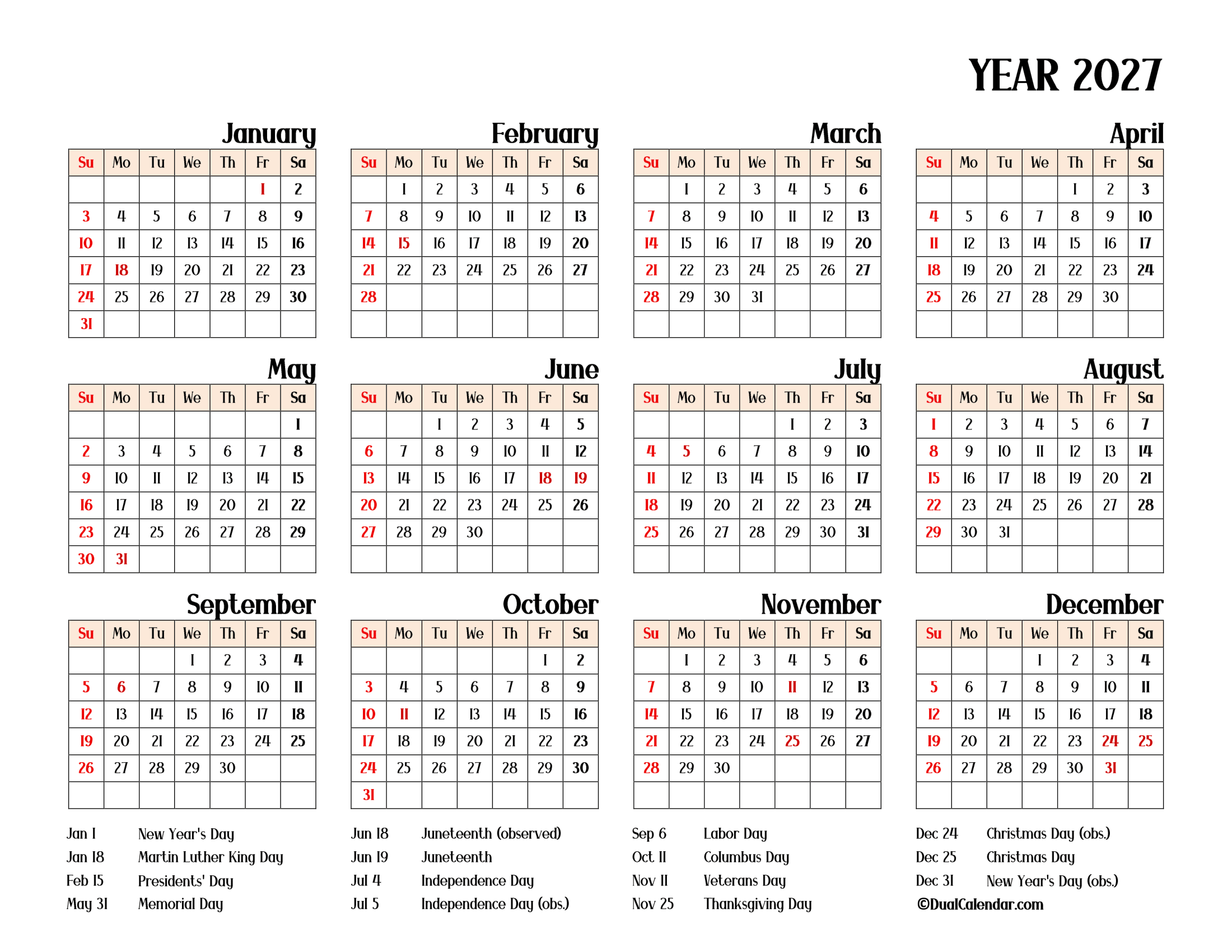 2027 Calendar with Holidays