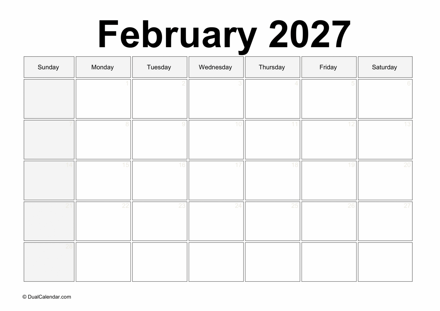 February 2027 Calendar - Free Printable Template