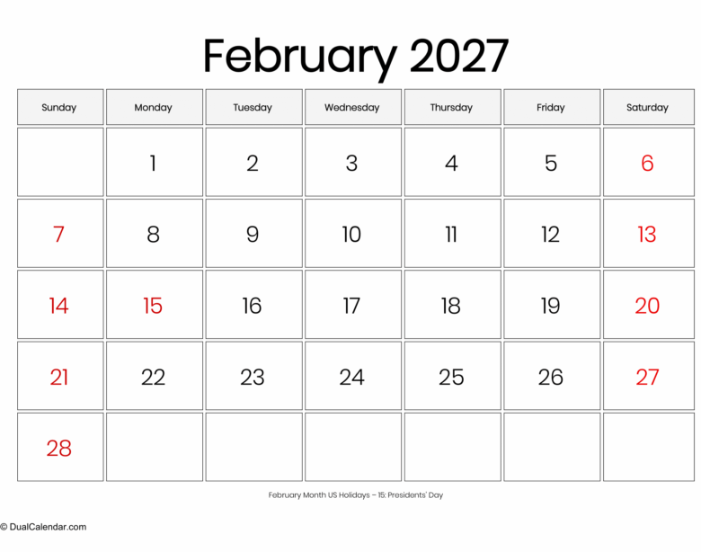 February 2027 Calendar Large Font
