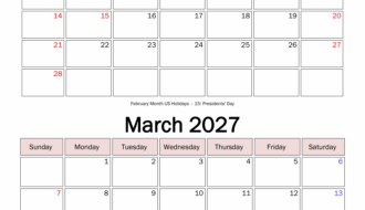February and March 2027 Floral Calendar