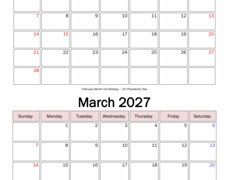 February and March 2027 Floral Calendar