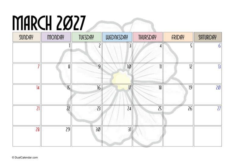 March 2027 Calendar - Free Printable Template