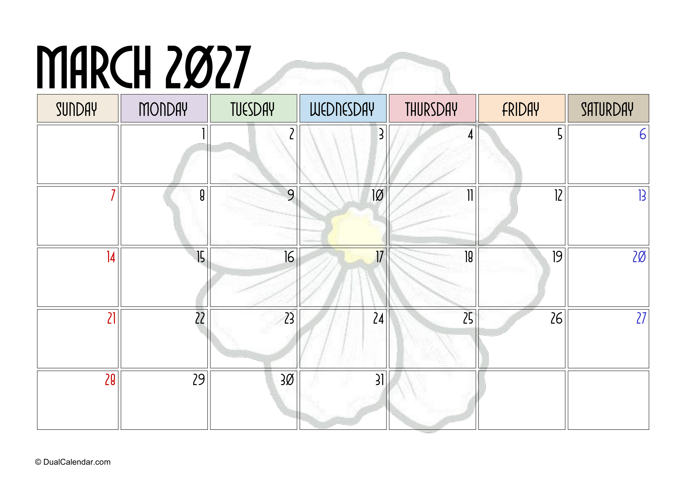 March 2027 Calendar Colorful