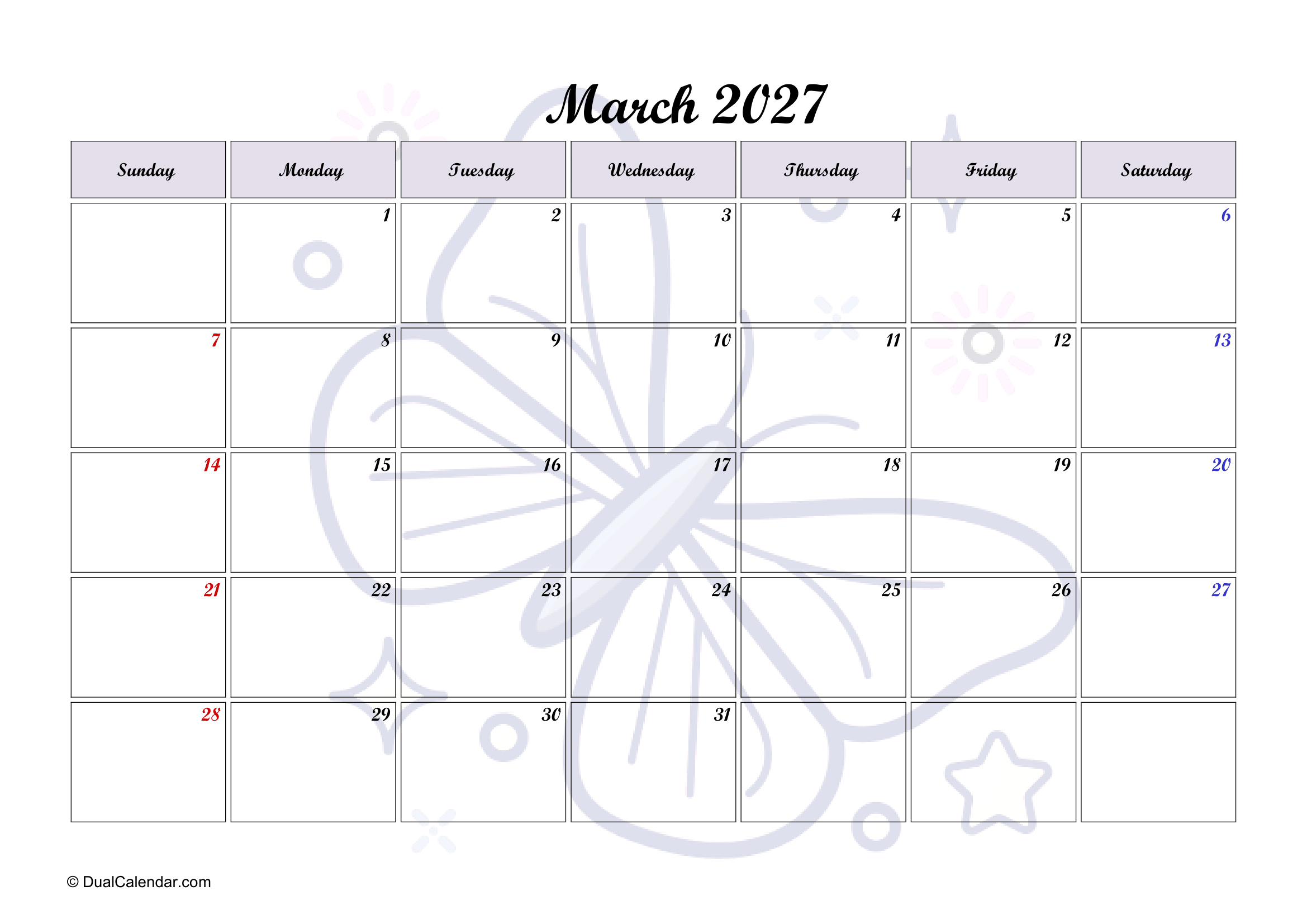 March 2027 Calendar with Butterfly