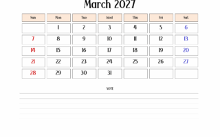 March 2027 Calendar with Notes