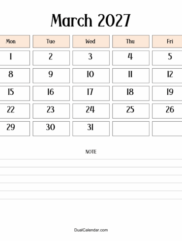 March 2027 Calendar with Notes