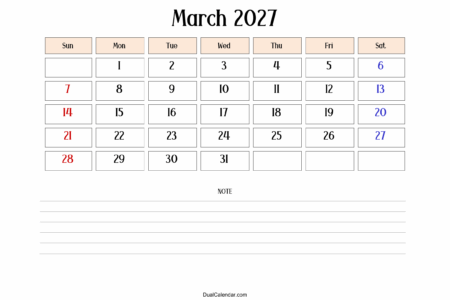 March 2027 Calendar with Notes