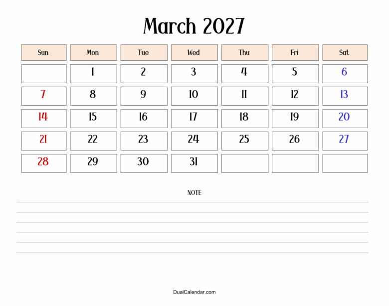 March 2027 Calendar with Notes