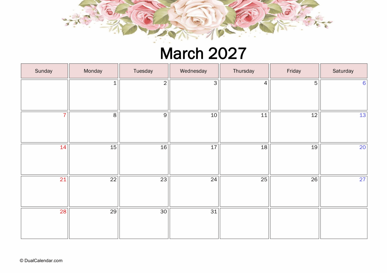 March 2027 Calendar - Free Printable Template