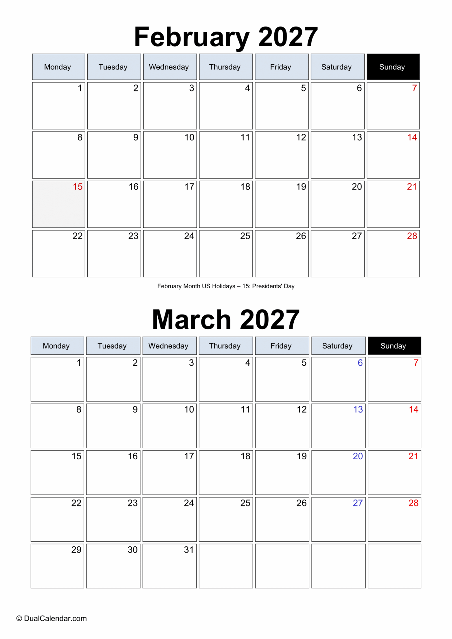February and March 2027 Calendar - Dual Calendar