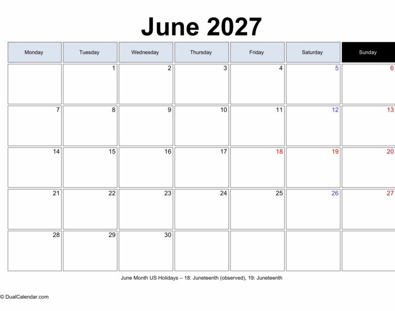 Monday Start June 2027 Calendar