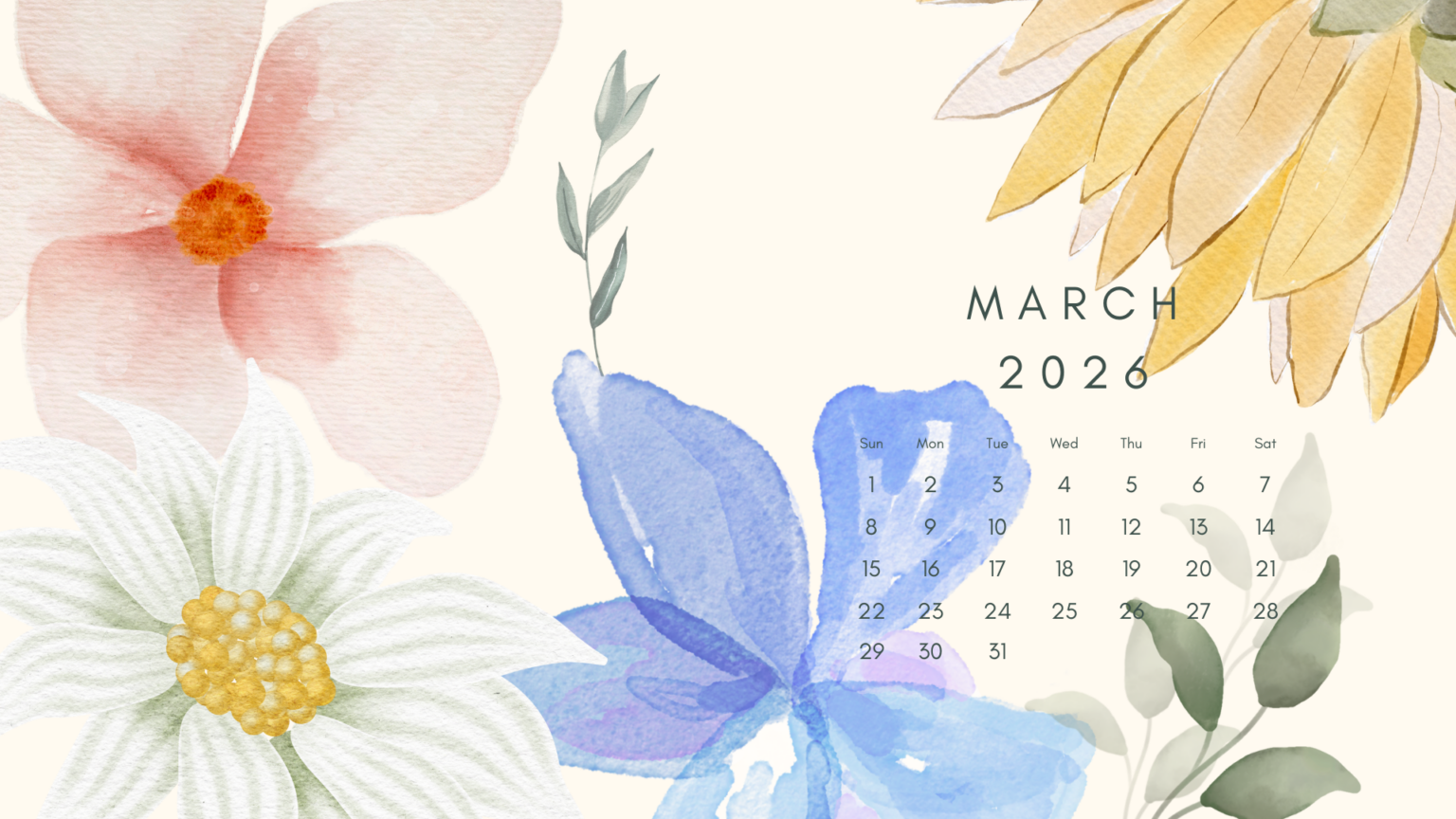 March 2026 Desktop Wallpaper - Dual Calendar — free download