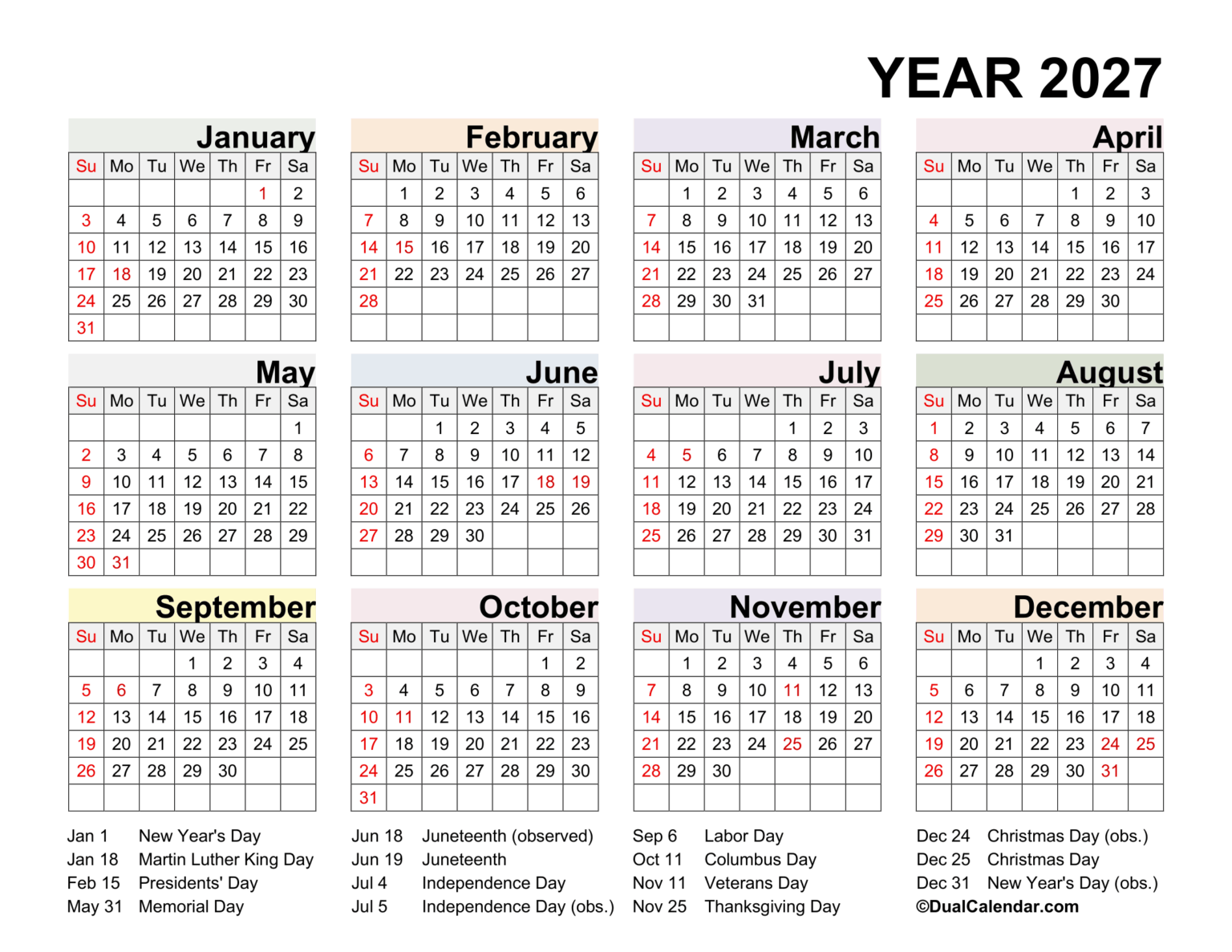Year 2027 Calendar Printable with US Federal Holidays